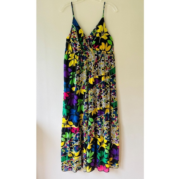 Tank Floral Maxi Pullover Dress V Neck Stretch Loose Fit Fully Lined Sz M L - Picture 1 of 7